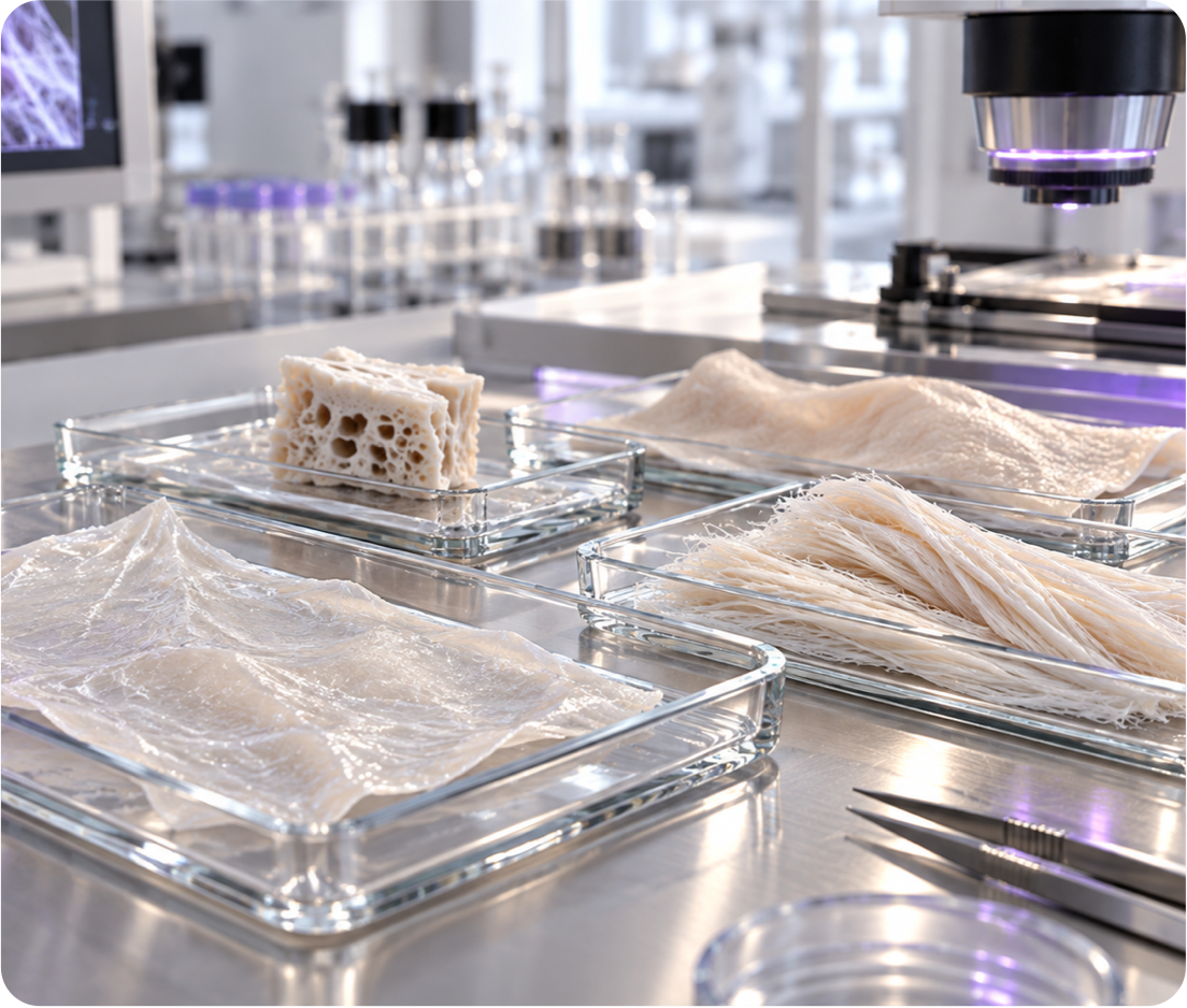 Animal-derived tissues and porous biomaterial samples in glass trays on a laboratory bench.