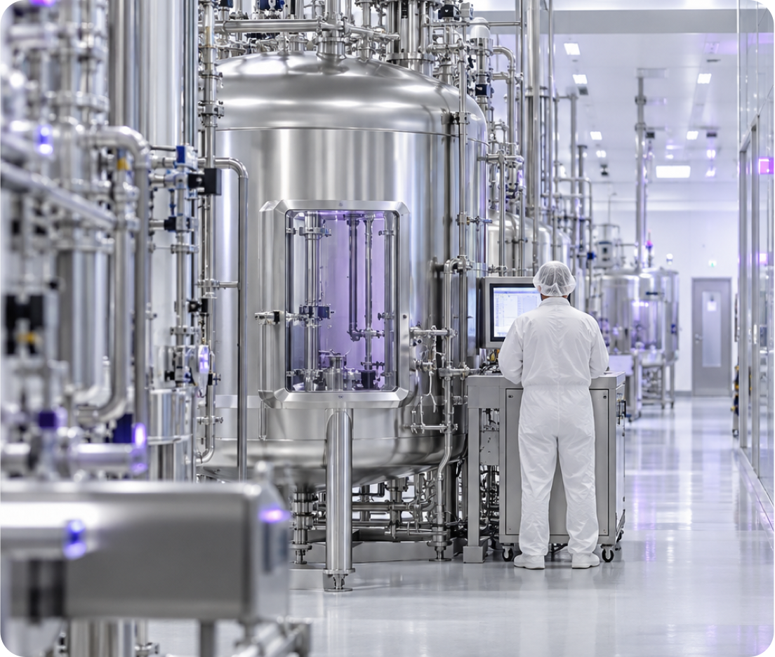 A cleanroom operator monitoring stainless steel processing and manufacturing equipment.