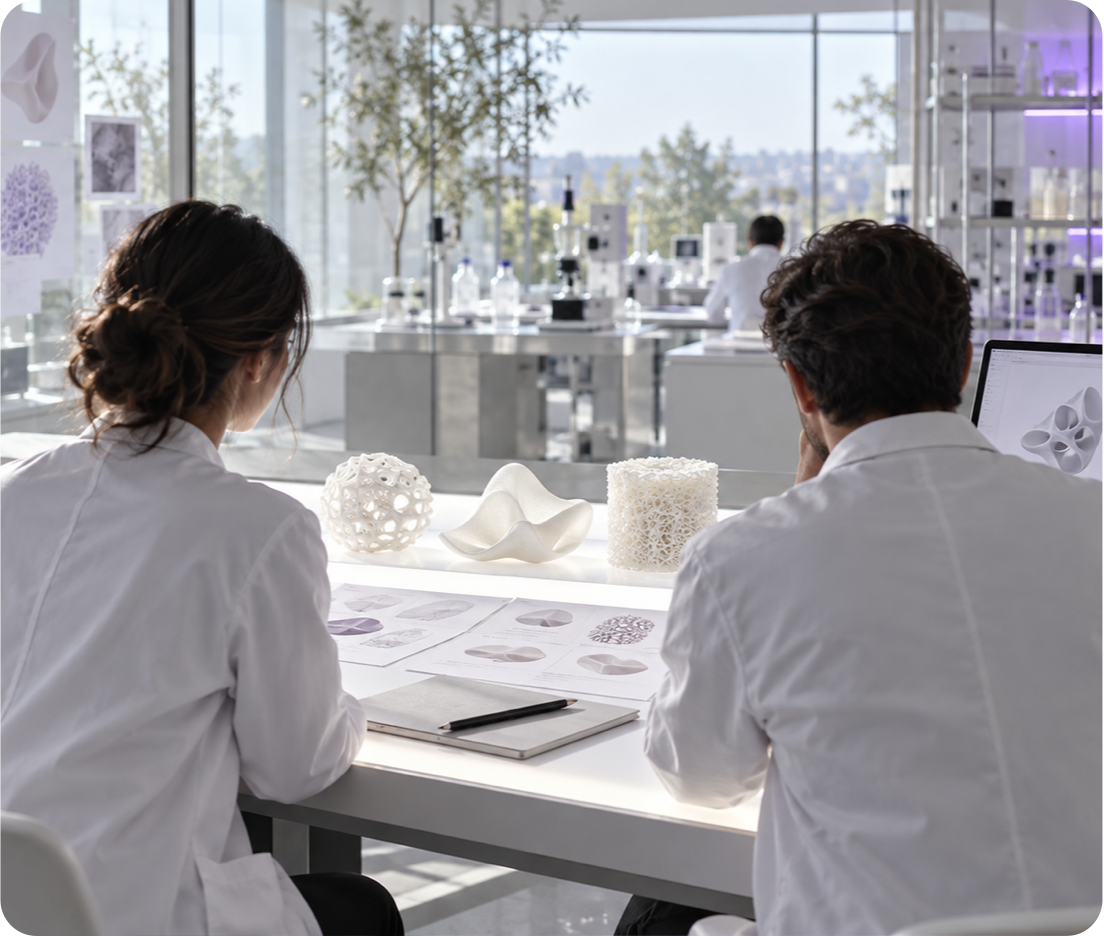 Two researchers reviewing porous biomaterial prototypes and development drawings in a laboratory.