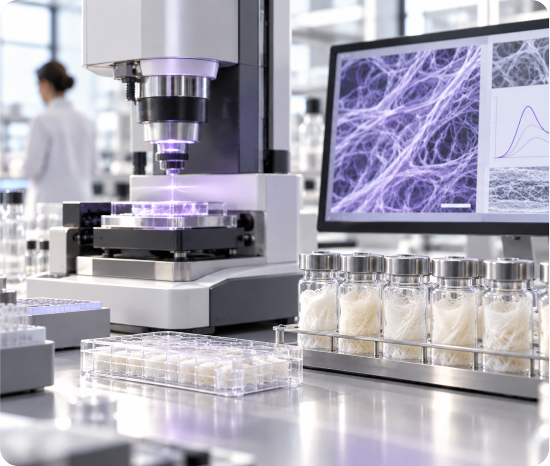 Collagen samples beside analytical equipment and a monitor showing fibre characterisation.