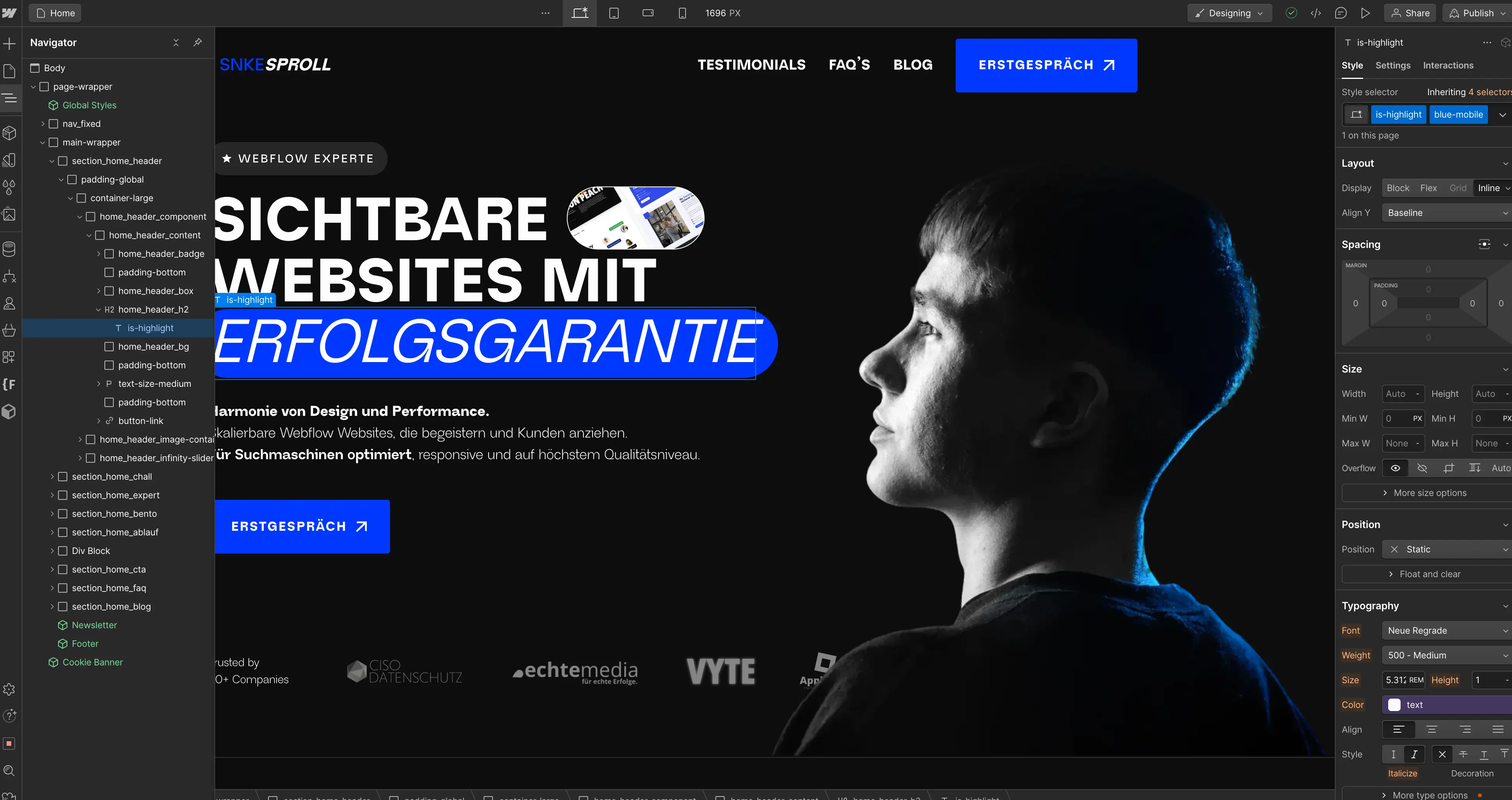 Benutzeroberfläche von Webflow