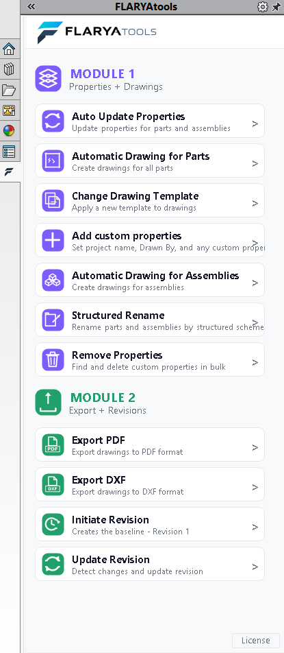 FLARYA Tools taskpane panel as it appears docked inside SolidWorks, showing Module 1 (Properties + Drawings) and Module 2 (Export + Revisions) buttons