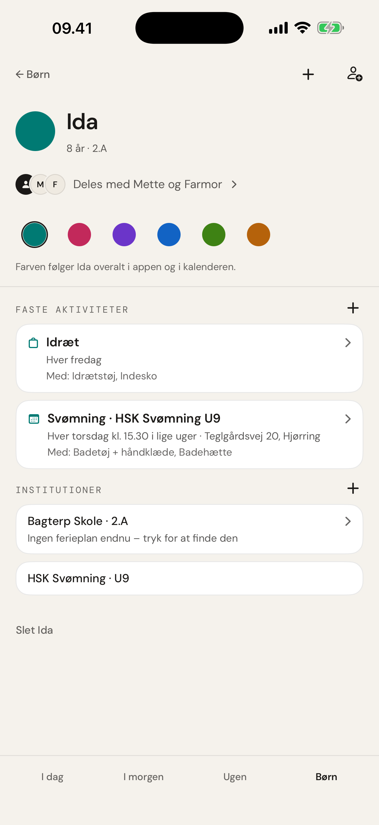 Barnets side med farve, faste aktiviteter og deling
