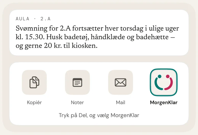 En Aula-besked deles til MorgenKlar via iPhones Del-menu