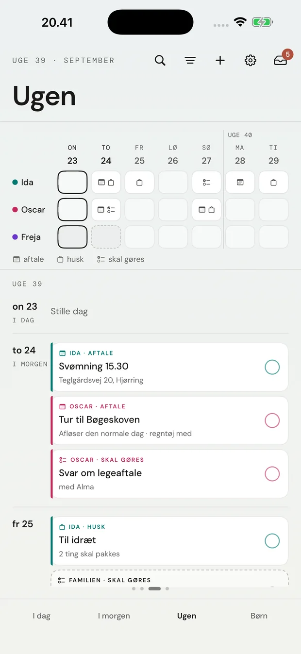 MorgenKlars ugevisning med dagbrikker og aftaler for tre børn