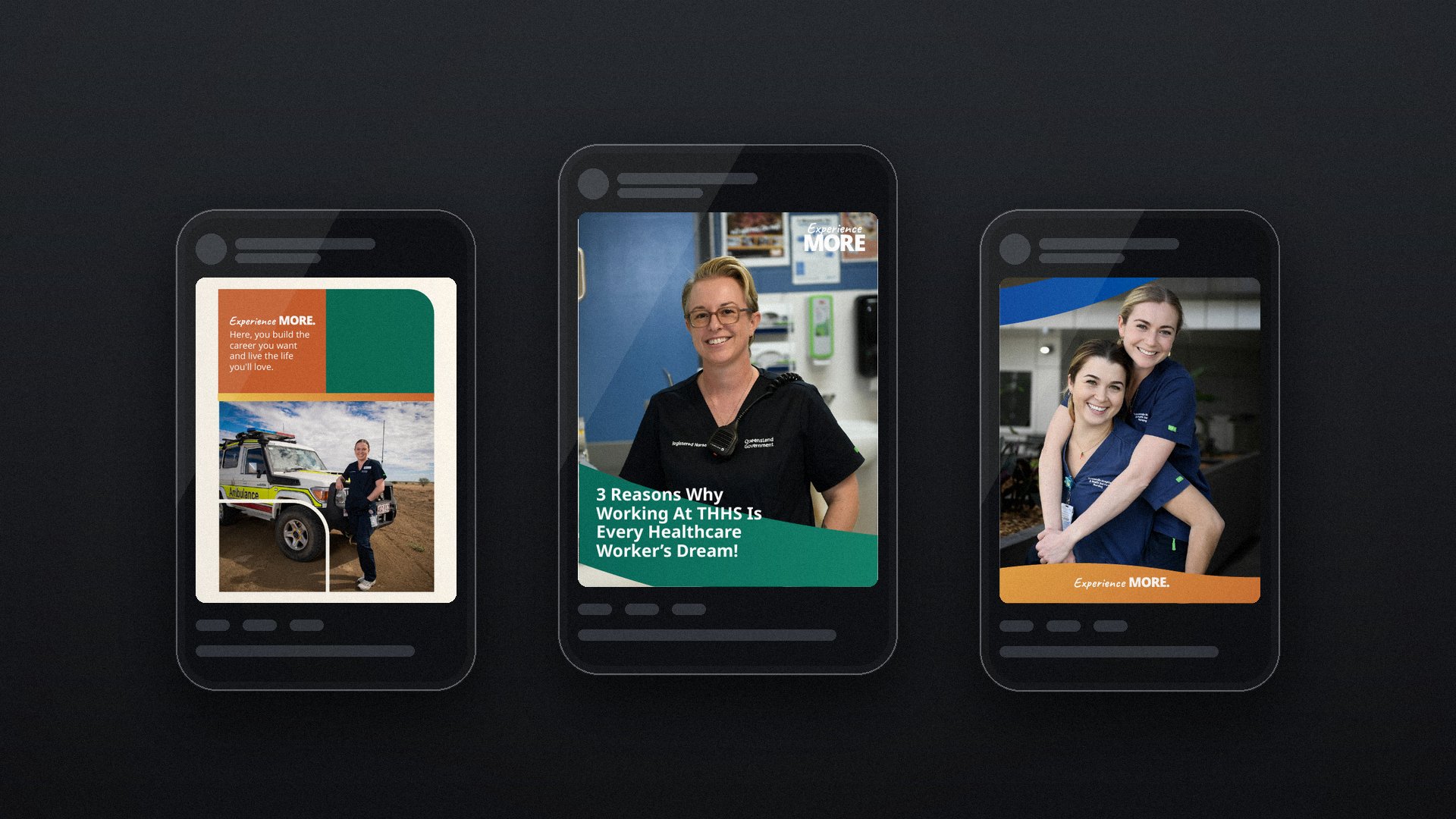 Townsville Hospital and Health Service social posts shown on three phone screens