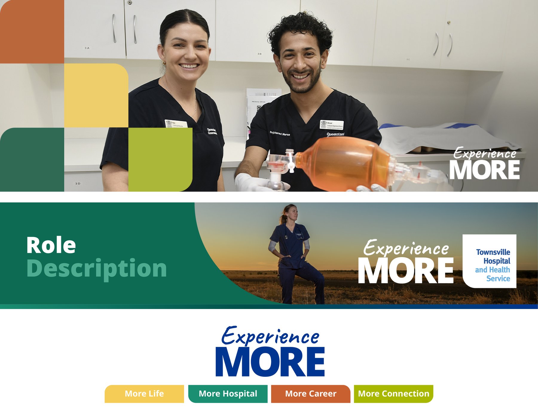 Townsville Hospital and Health Service careers banner, role description banner and the four employer brand pillars
