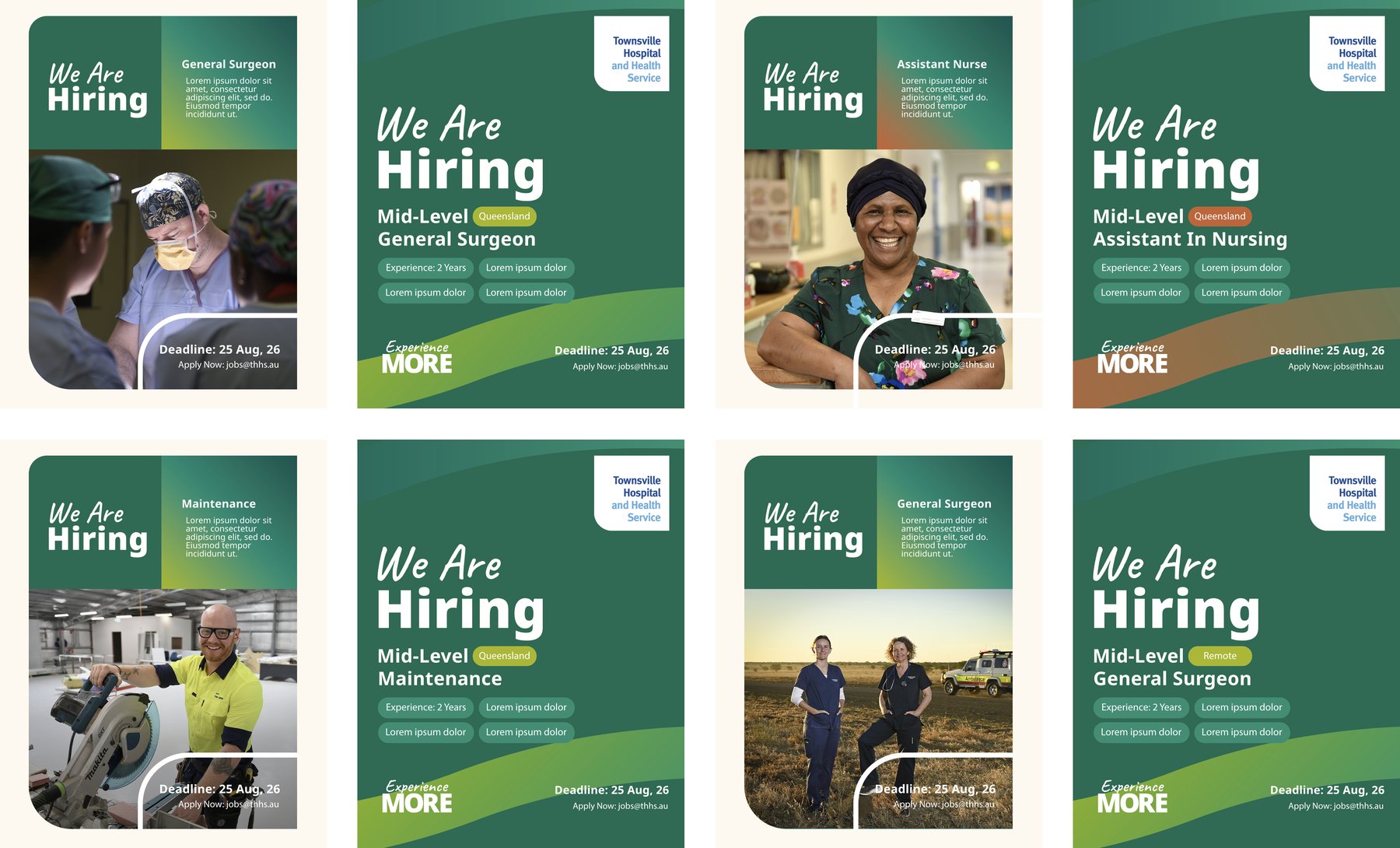 Four Townsville Hospital and Health Service job ad templates for doctor, nurse, maintenance and remote roles