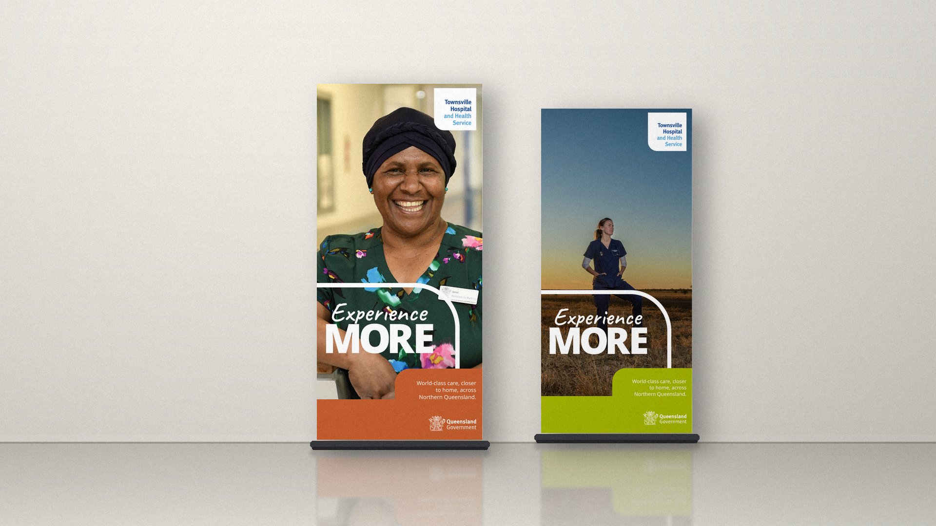 Two Townsville Hospital and Health Service pull-up banners in a foyer