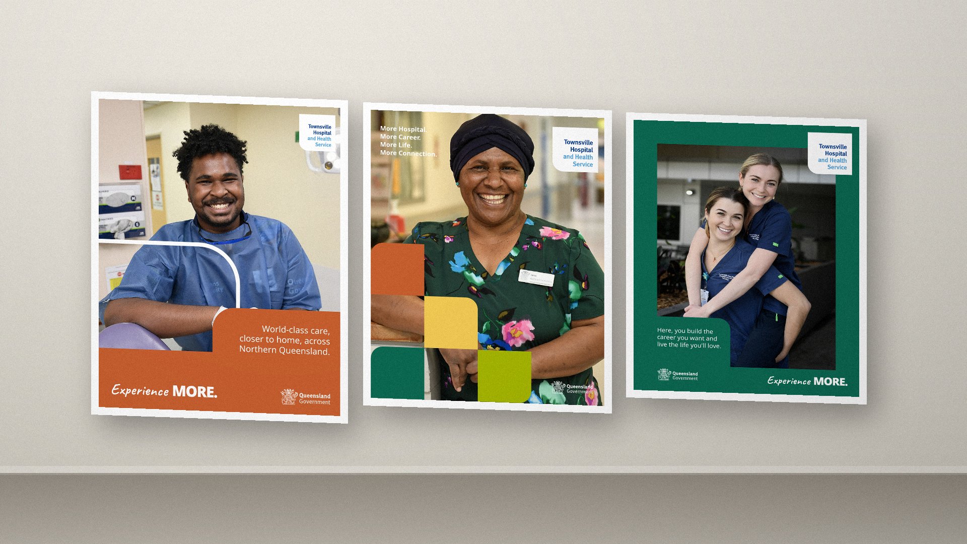 Three Townsville Hospital and Health Service employer brand posters on a wall, featuring staff photography
