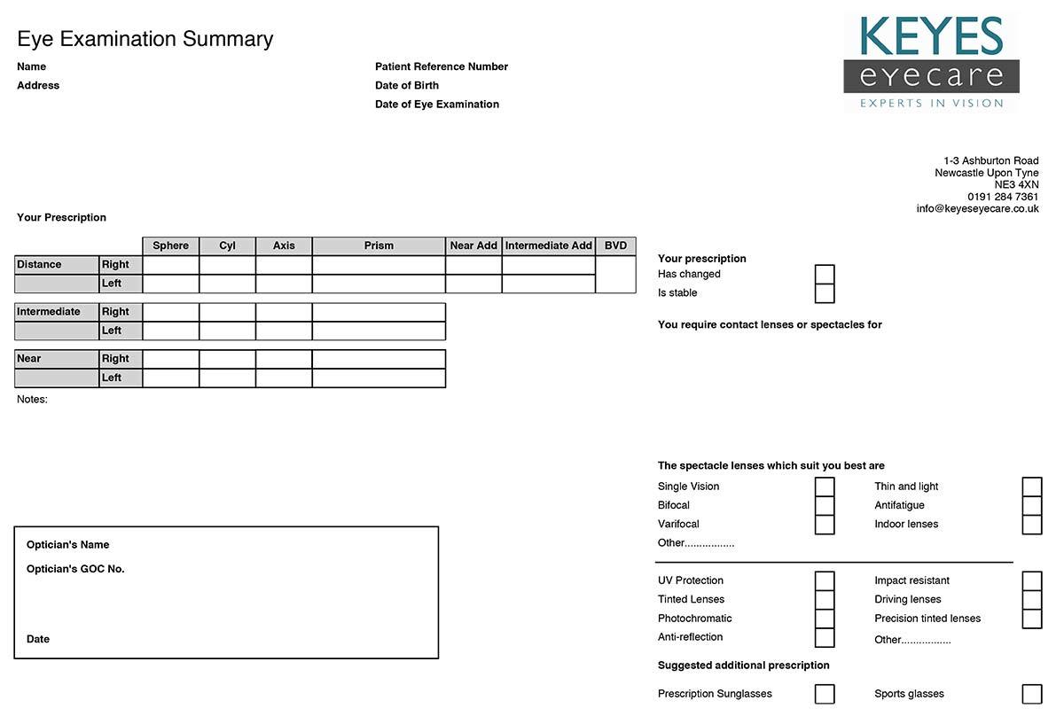 Blank Keyes Eyecare eye examination summary form with fields for patient details, prescription results and recommended spectacle lenses.
