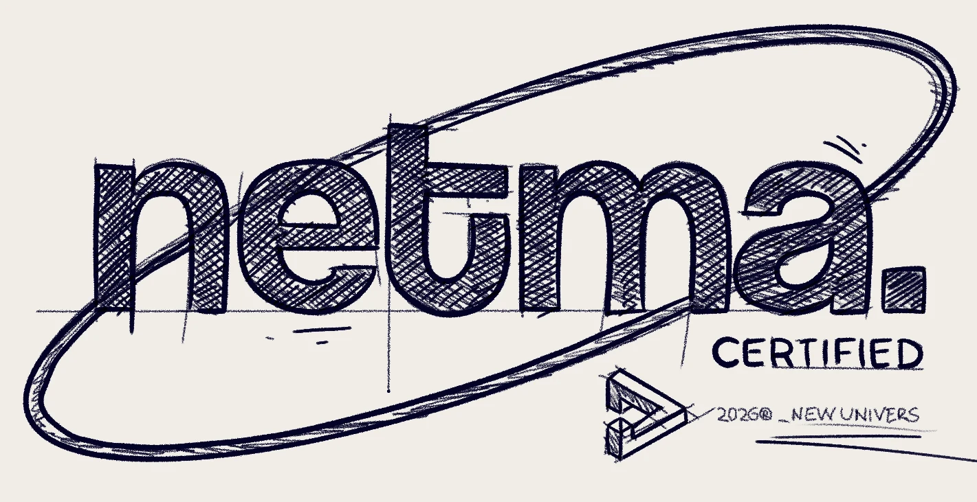 Recherche dessinée de la signature Netma Certified.