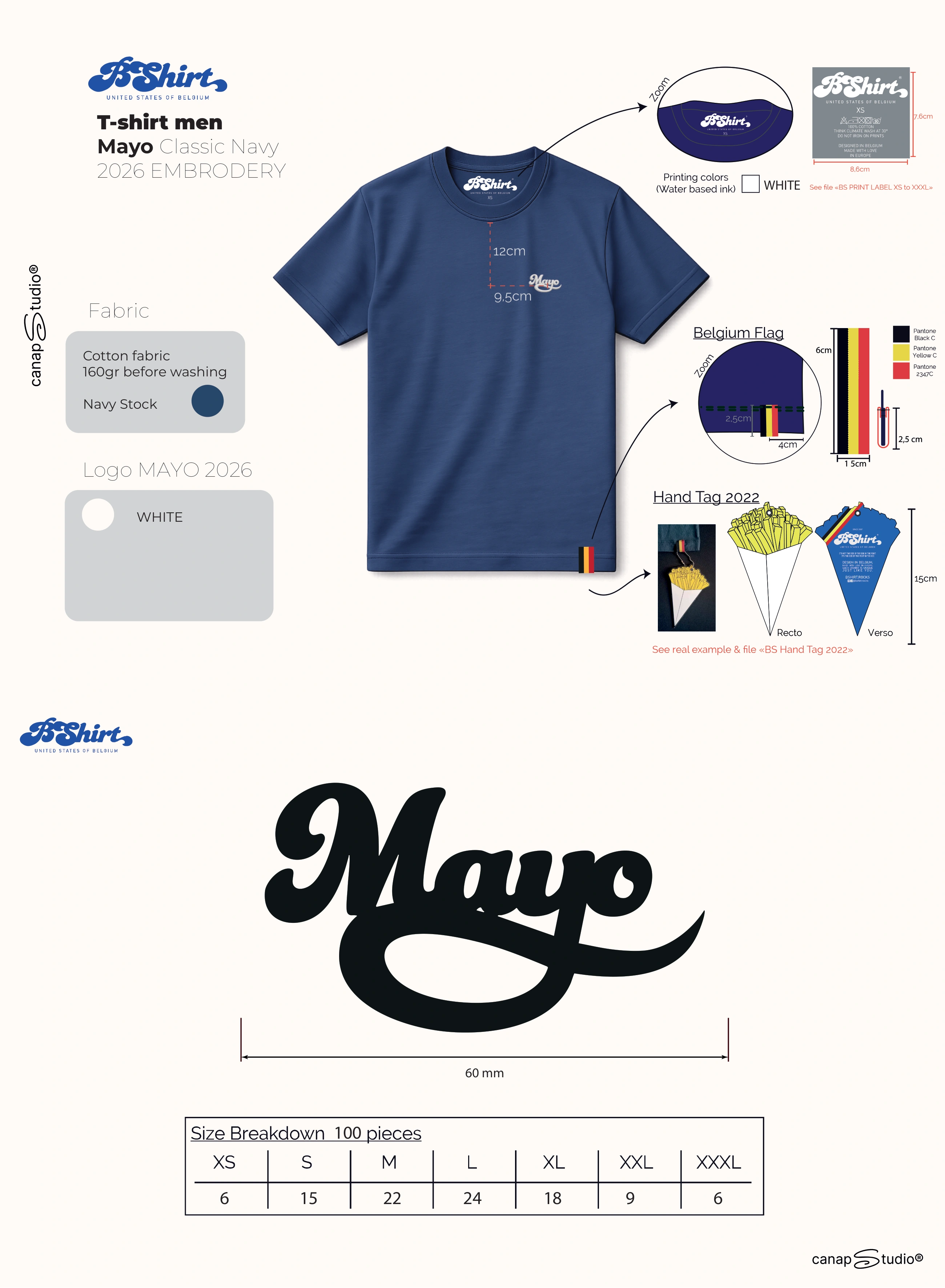 Fiche technique Mayo Classic Navy — broderie de 60 mm et repères.