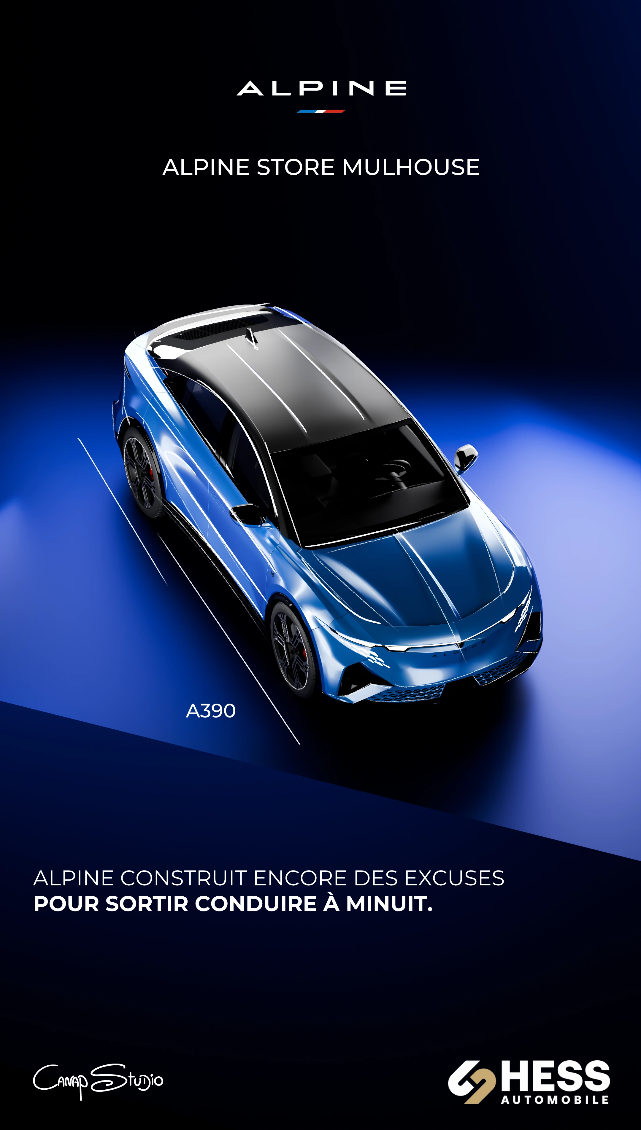A390 — dessin automobile et composition de marque.