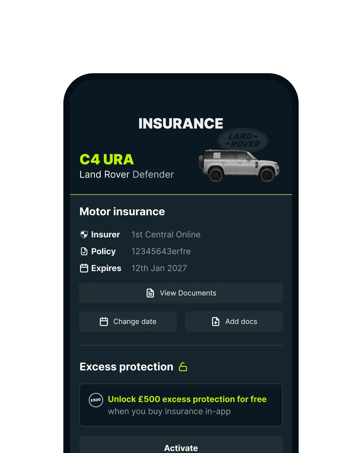 The Caura app's insurance screen, showing the policy for a Land Rover Defender and free £500 excess protection