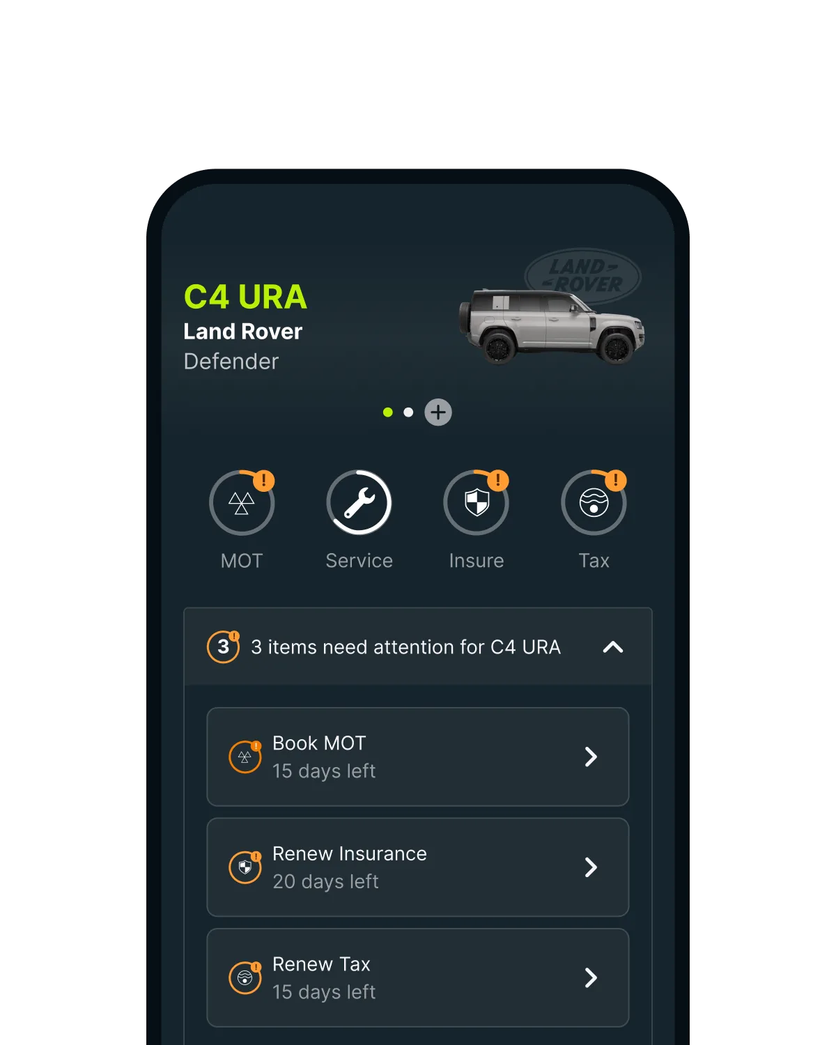 The Caura app showing a Land Rover Defender with its MOT, insurance and tax due soon