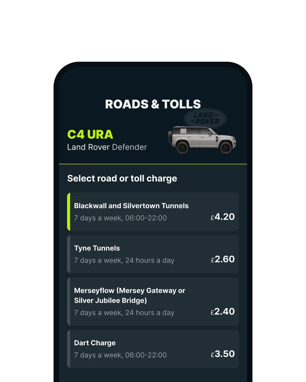 The Caura app's Roads & Tolls screen, listing tunnel, bridge and Dart Charge prices