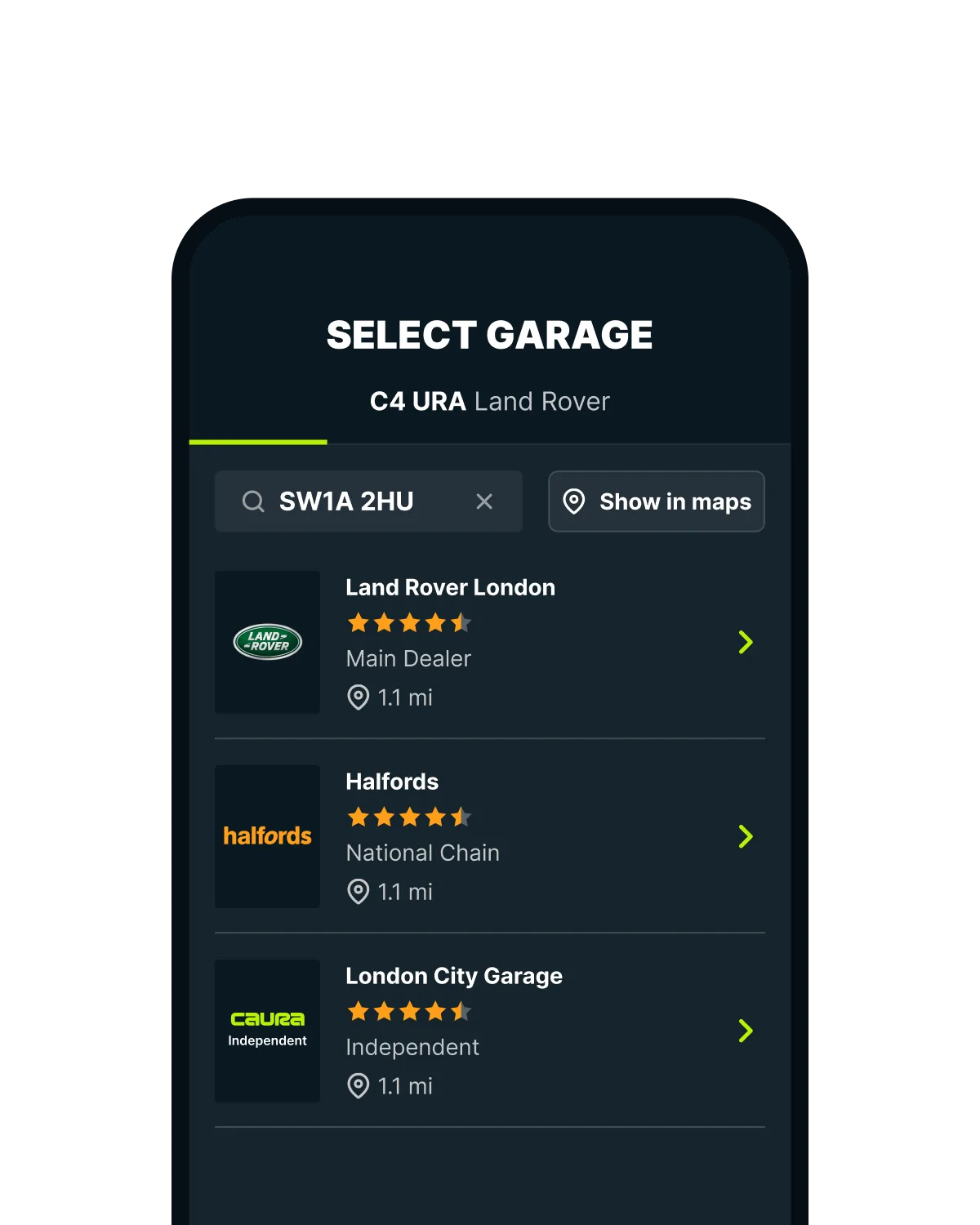The Caura app's garage search, listing a main dealer, a national chain and an independent garage nearby
