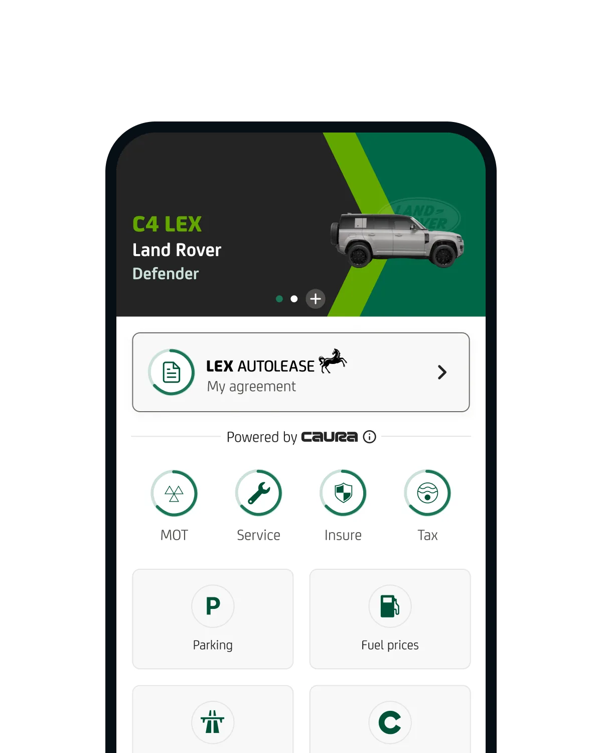 A leasing company's own-brand app, Powered by Caura, showing the driver's lease agreement and car admin