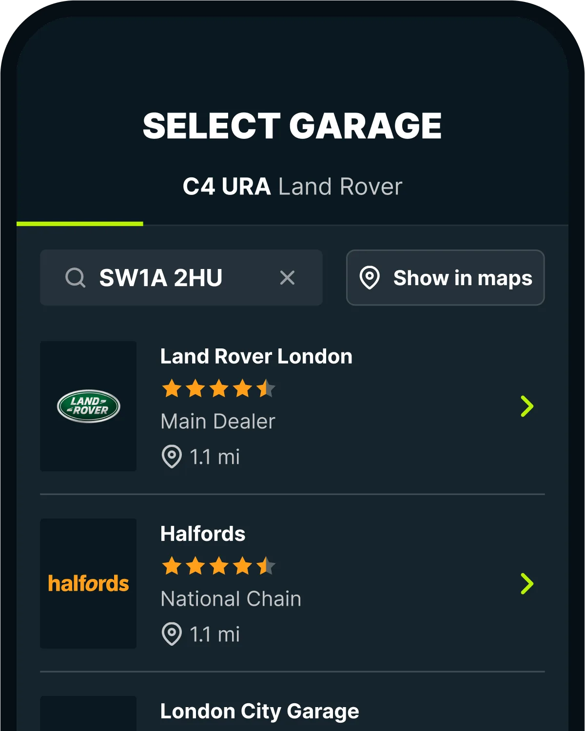 Caura app showing nearby garages to book, including Land Rover London and Halfords