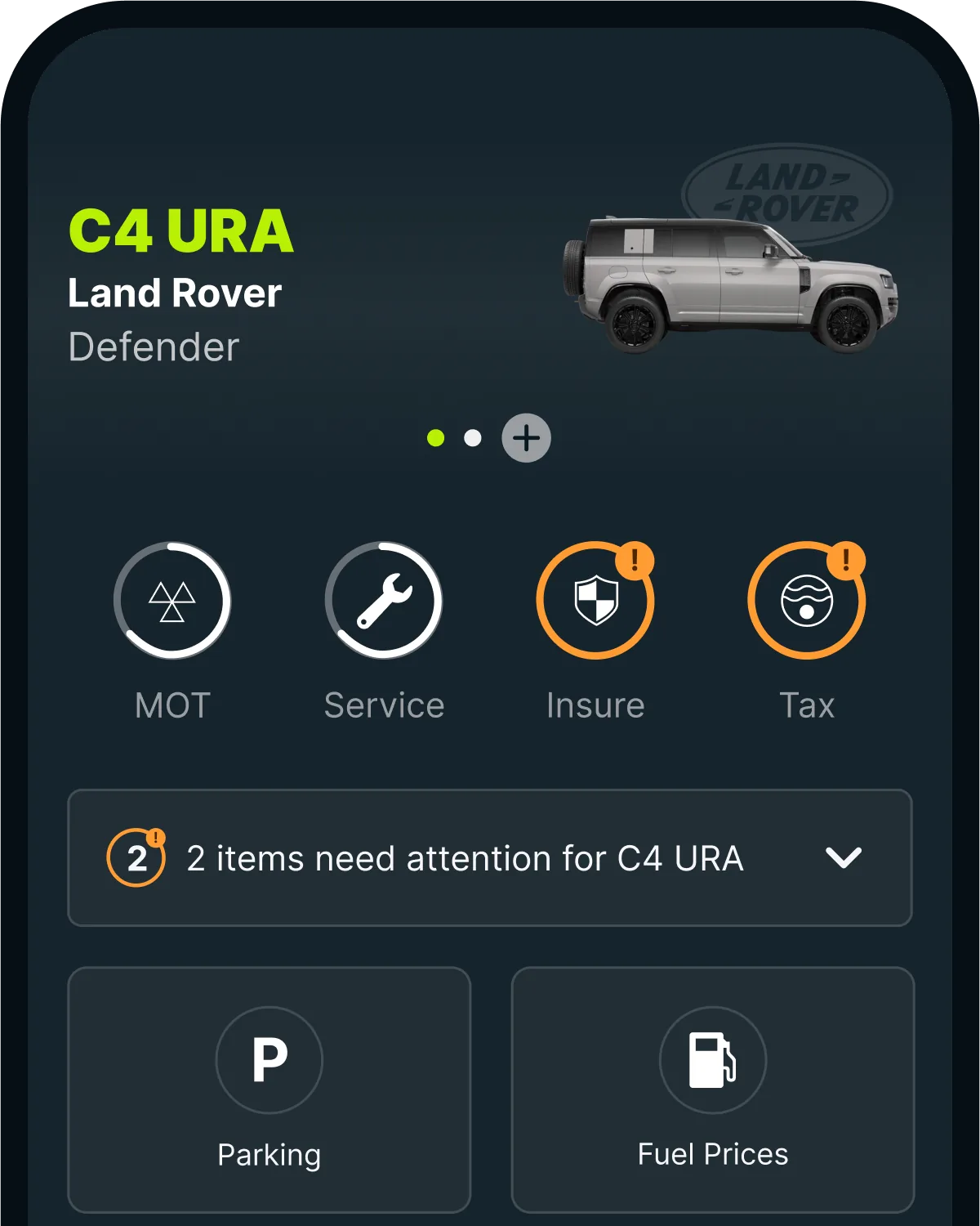 The Caura app showing a Land Rover Defender, with its MOT, service, insurance and tax status