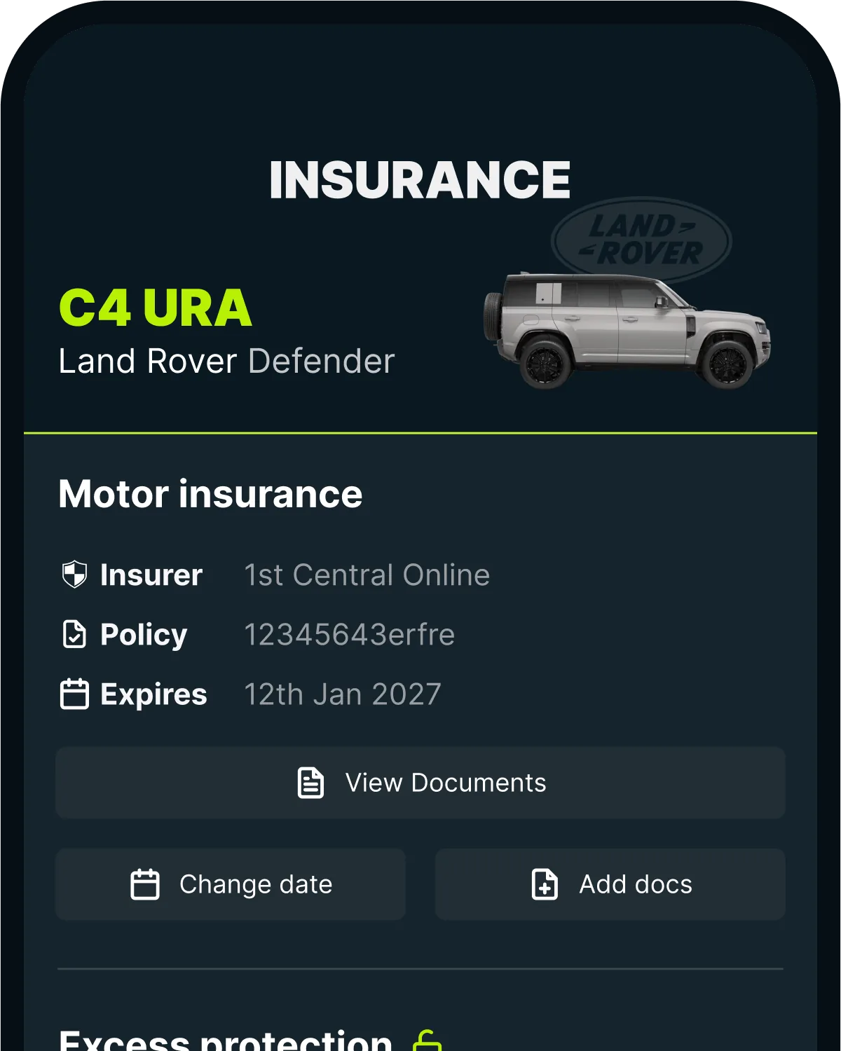 The Caura app's insurance screen, showing the motor insurance policy for a Land Rover Defender