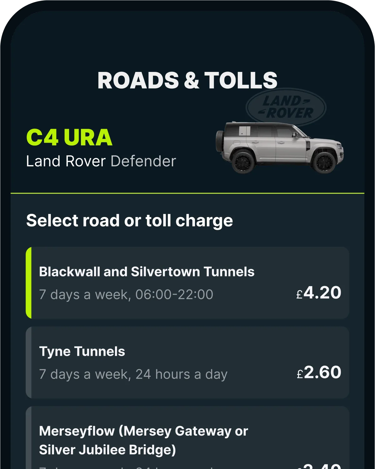 The Caura app's Roads & Tolls screen, listing tunnel and bridge charges with prices