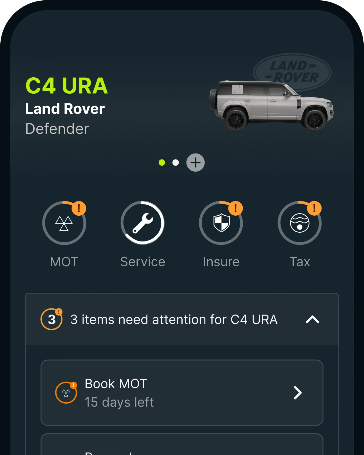The Caura app showing a Land Rover Defender with its MOT, insurance and tax due soon