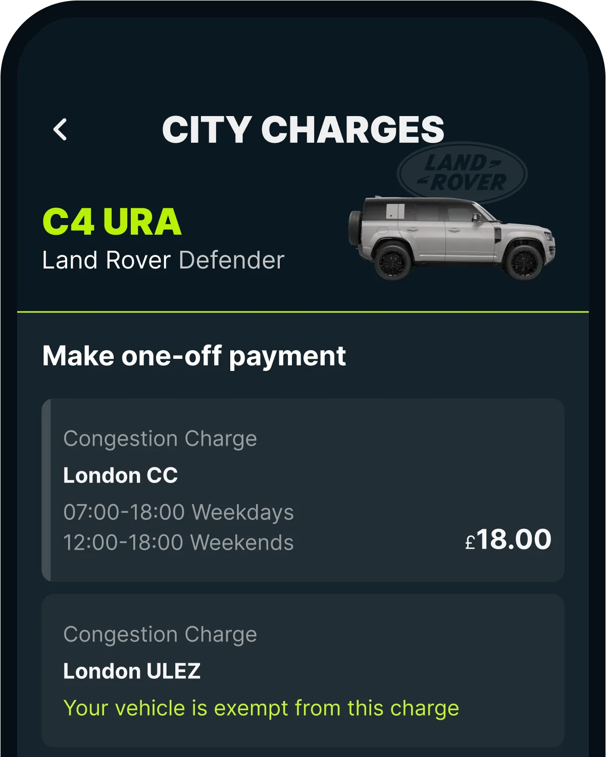 The Caura app's City Charges screen, showing the London Congestion Charge to pay and ULEZ exemption for a Land Rover Defender