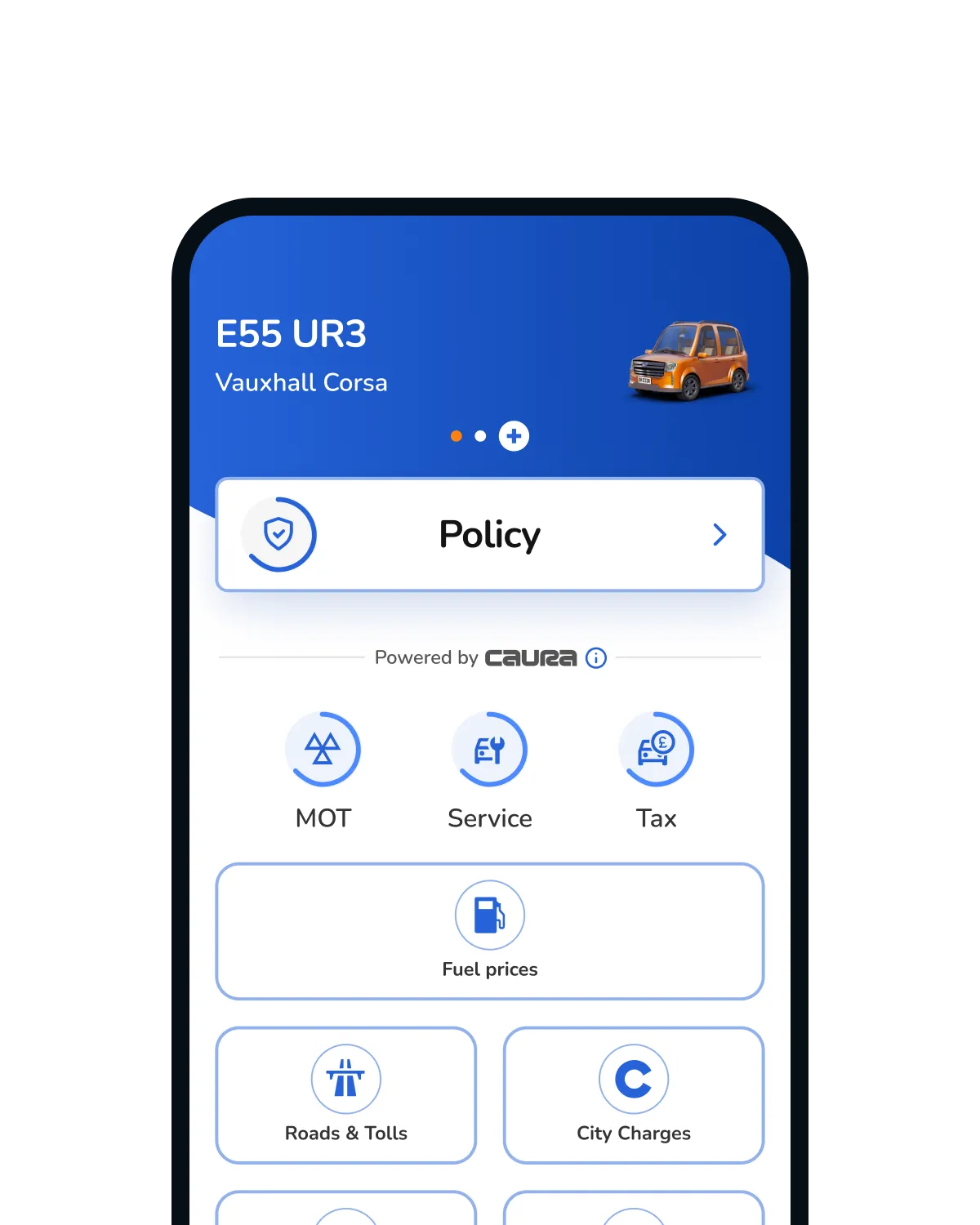 A white-labelled insurer app powered by Caura, with the policy, MOT, service, tax, fuel prices, Roads & Tolls and City Charges