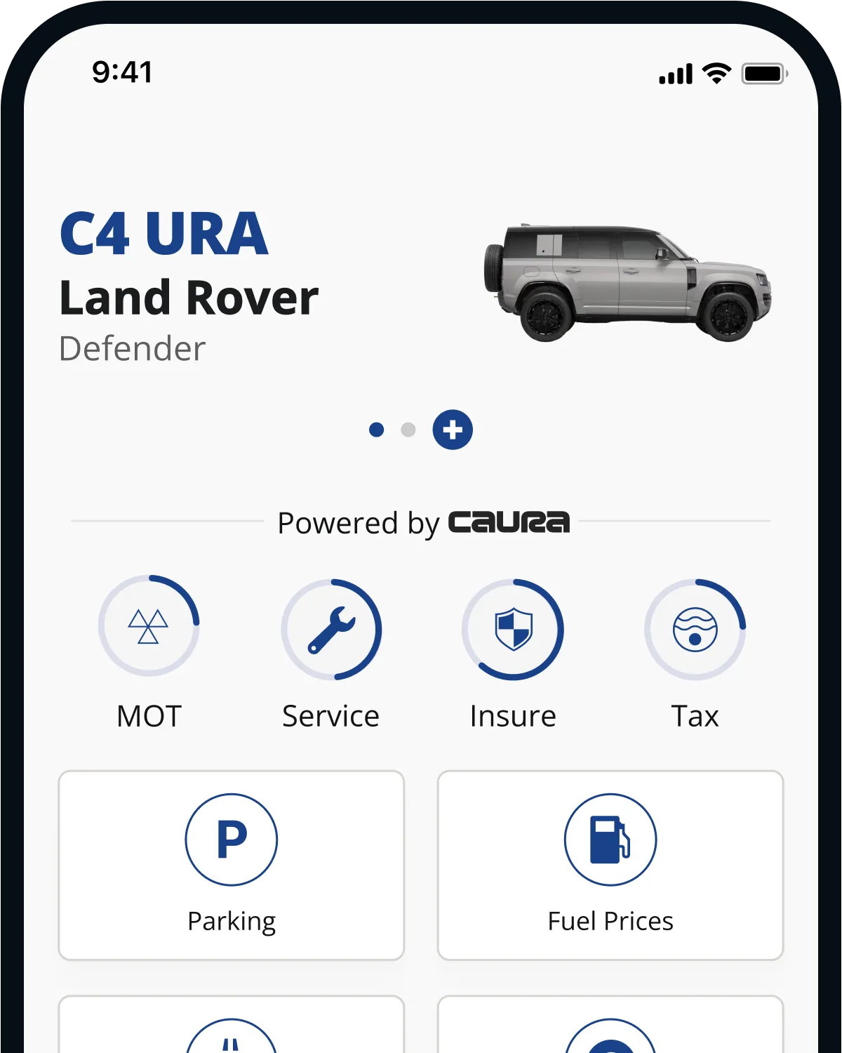 A white-labelled driver app powered by Caura, with MOT, service, insurance, tax, parking and fuel prices