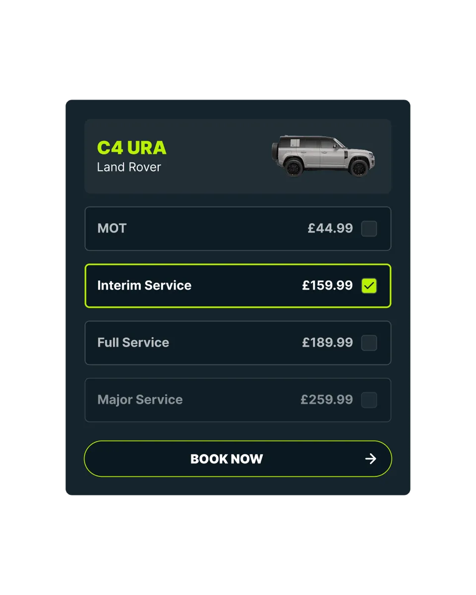 Booking an MOT or service in the Caura app, with prices for each