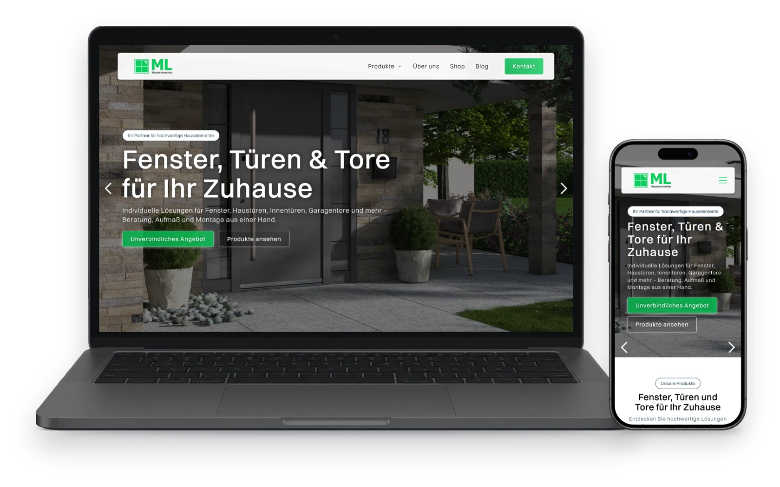 Website von ML Hauselemente auf Laptop und Handy