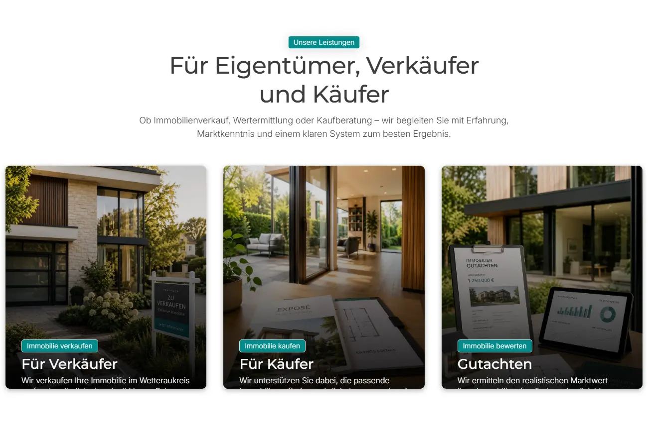 Ausschnitt der LMW-Website mit drei Wegen: Für Verkäufer, Für Käufer, Gutachten