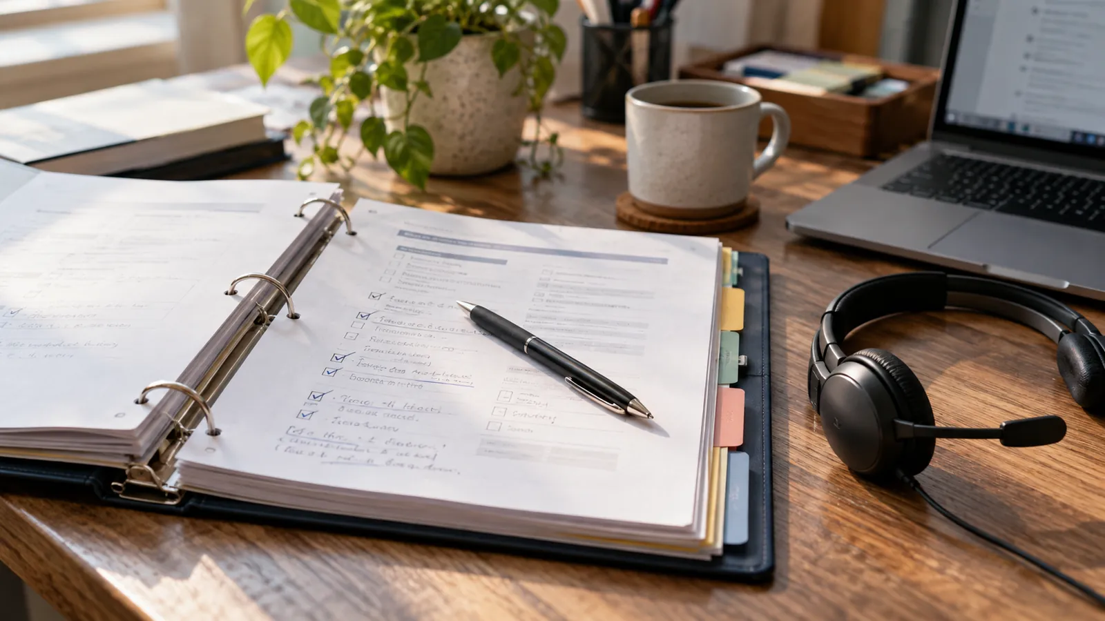 Un carnet, un casque et un stylo posé sur une table de travail d'une télésecrétaire