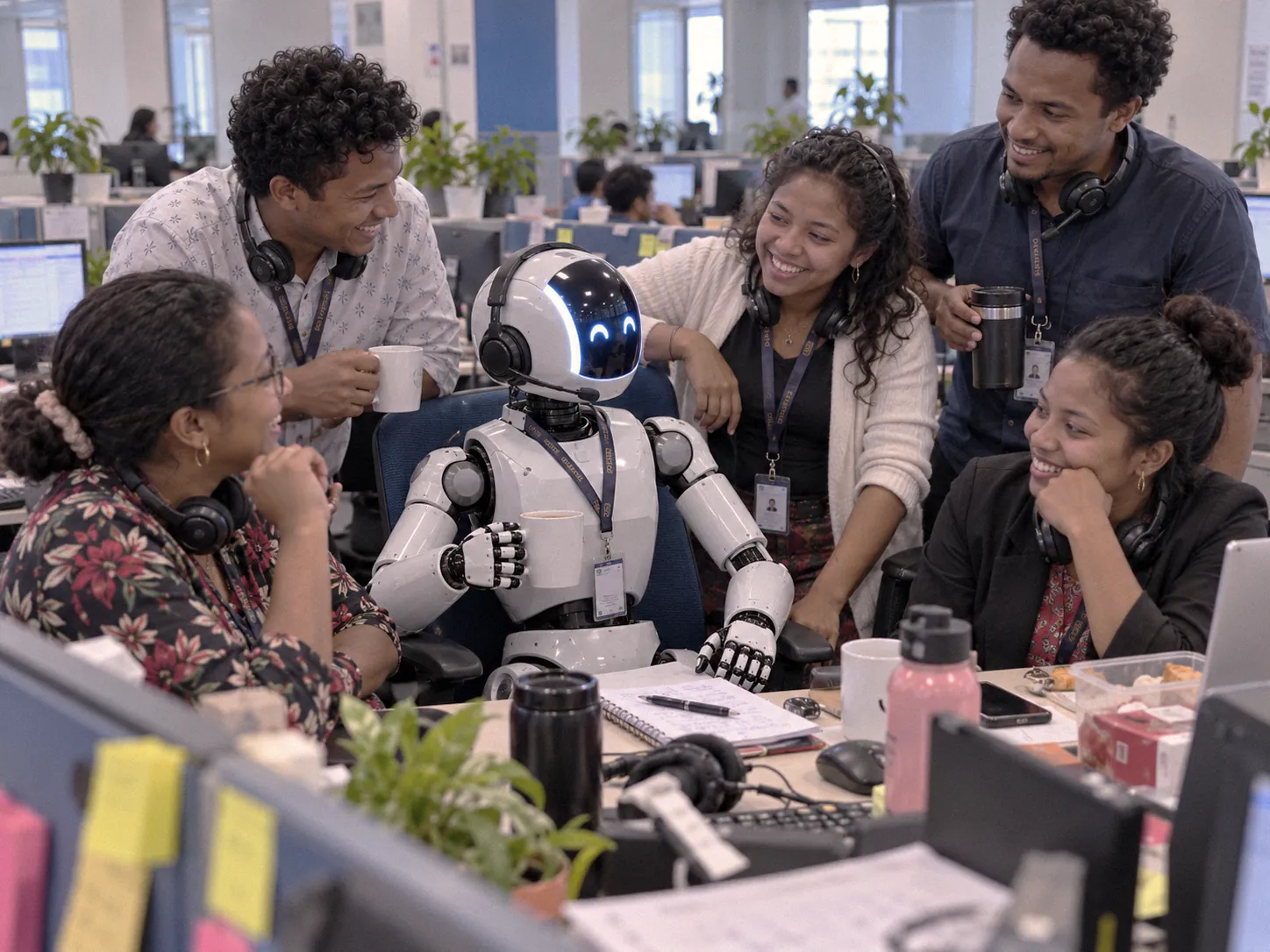 Des téléconseillers passant du bon temps avec leurs collègues robot IA