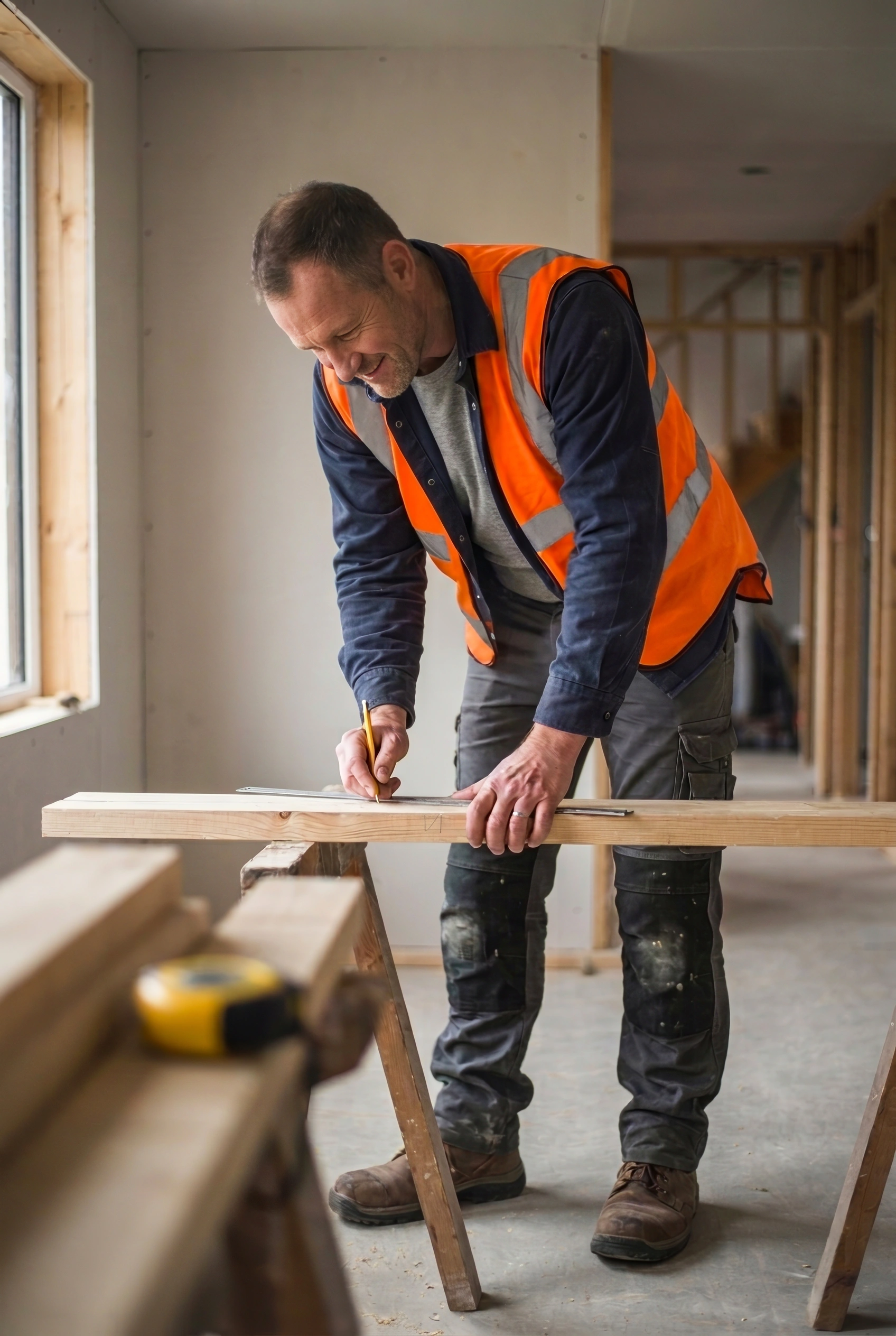 A construction worker wearing an orange safety vest measures and marks a wooden plank with a pencil while standing at a saw horse table inside a building under construction.