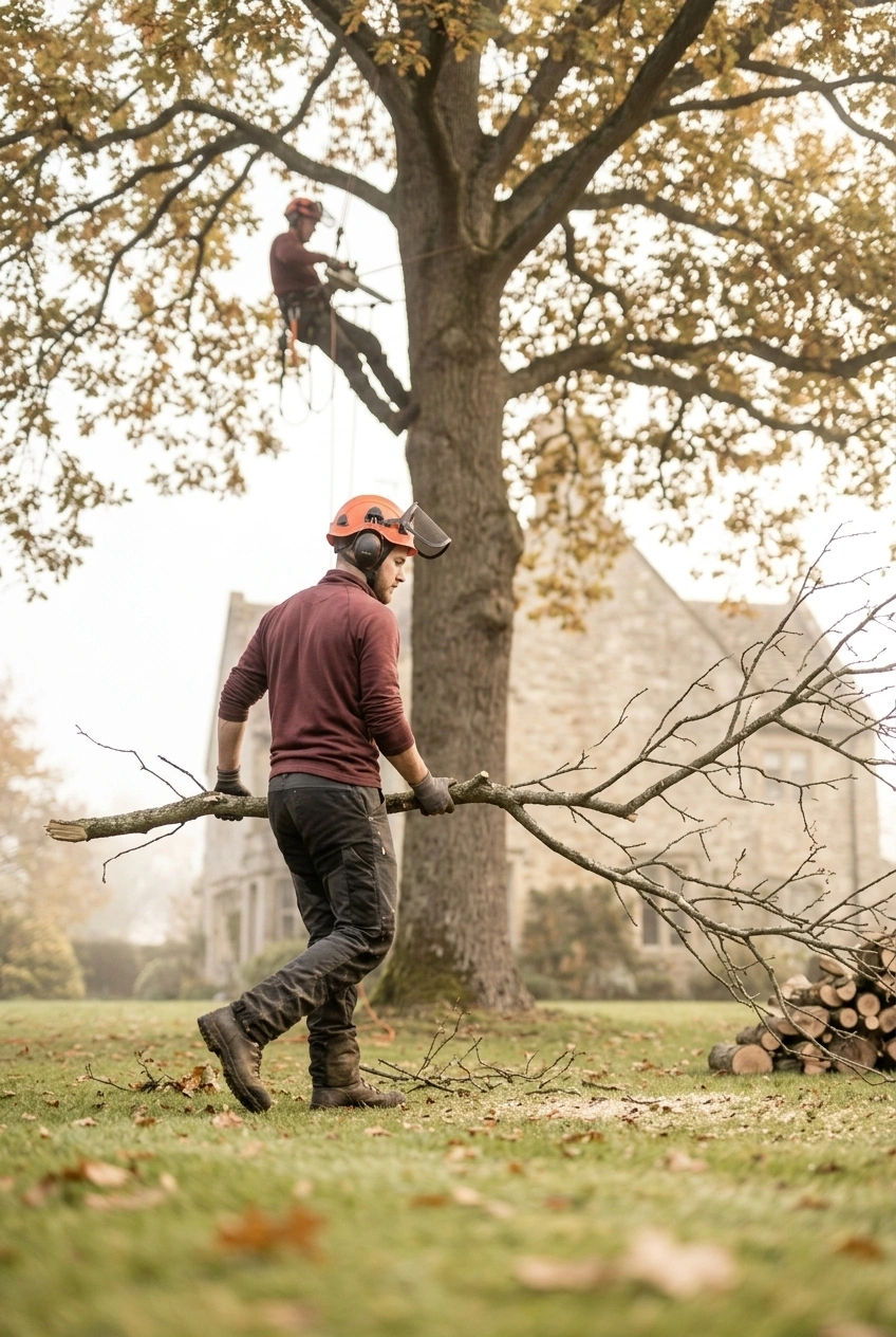 A person wearing protective gear carries a large tree branch on a grassy yard with a stack of cut logs nearby, while another person is secured with climbing gear on a tree in the background.
