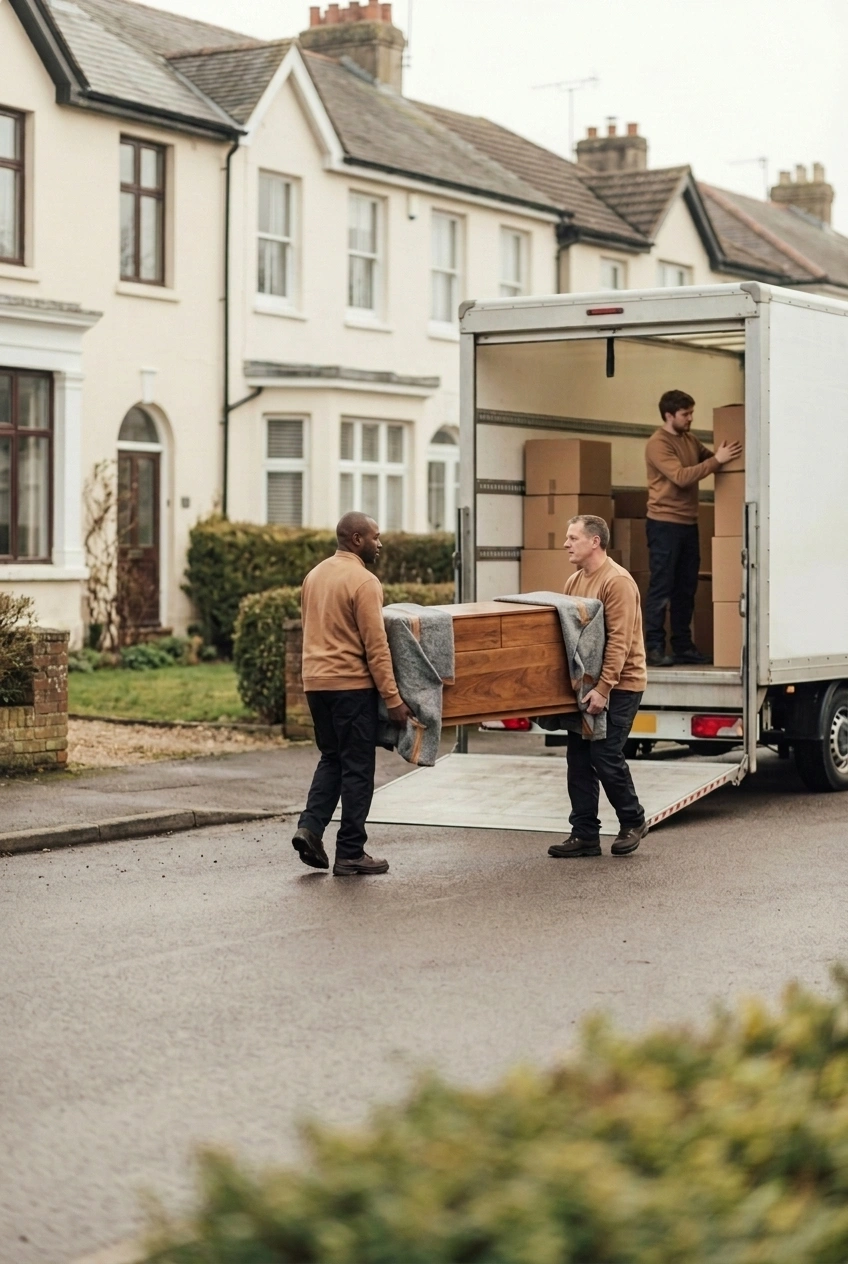 Two men carrying a wooden chest of drawers wrapped in protective blankets while another man inside a moving truck unloads cardboard boxes on a residential street with houses in the background.
