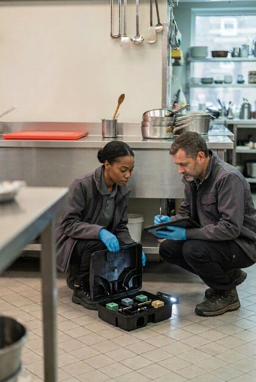 Two pest control technicians in a commercial kitchen crouch on a tiled floor examining tools in an open black case; the woman holds the case while the man writes on a clipboard with a pen, both wearing dark jackets and blue gloves.