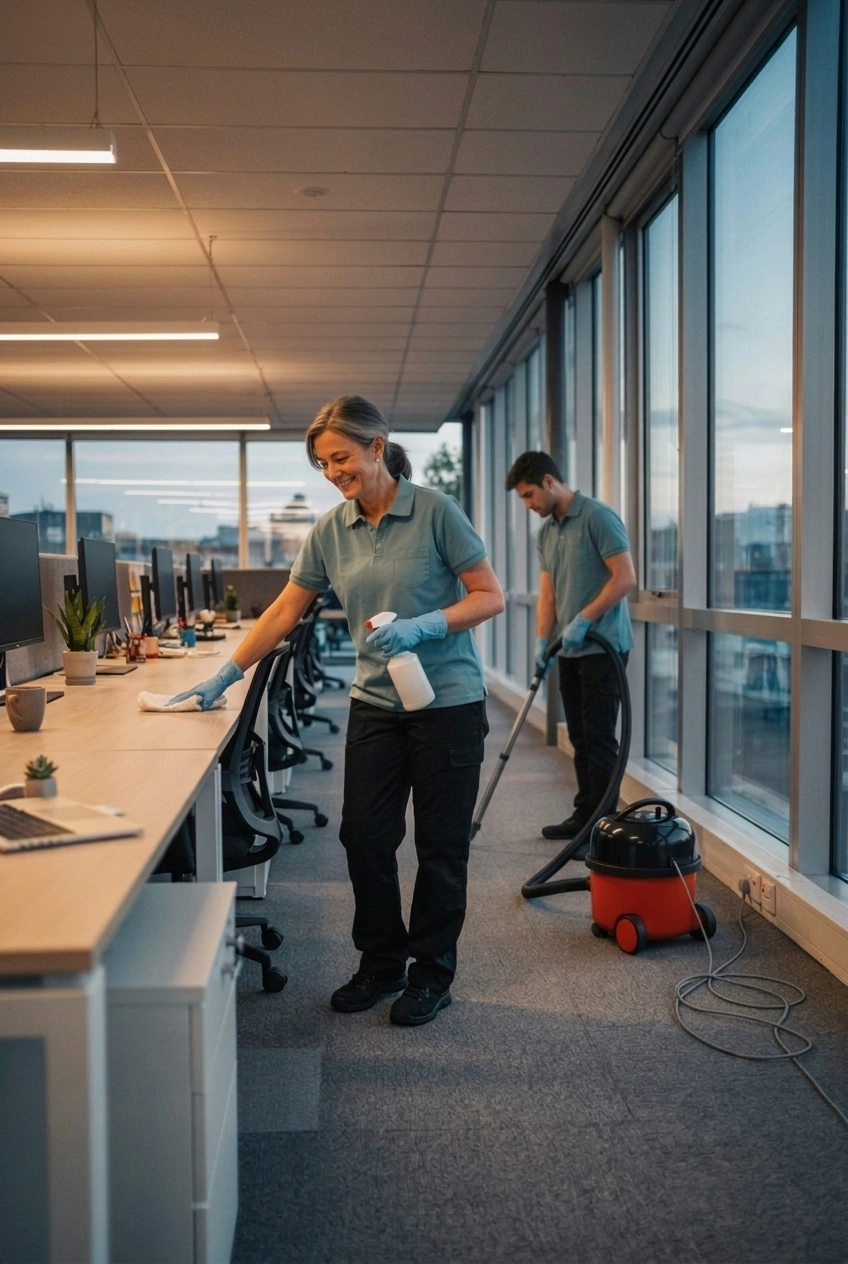 Two janitors cleaning an office with large windows; a woman sprays and wipes desks while a man vacuums the carpet.