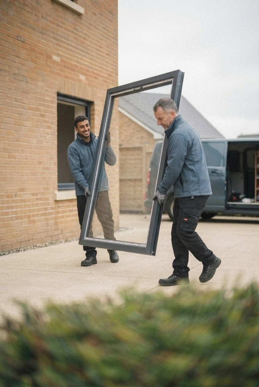 Two men in work jackets and gloves carry a large window frame outside a brick building on a paved surface.