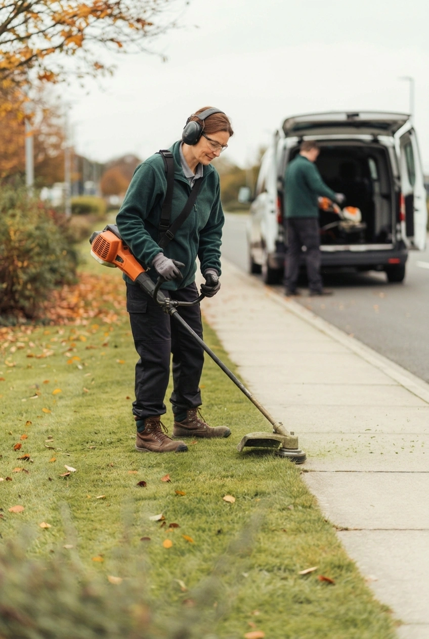 A person wearing ear protection and gloves trims grass along a sidewalk edge with a string trimmer while another person unloads equipment from a white van on a street.