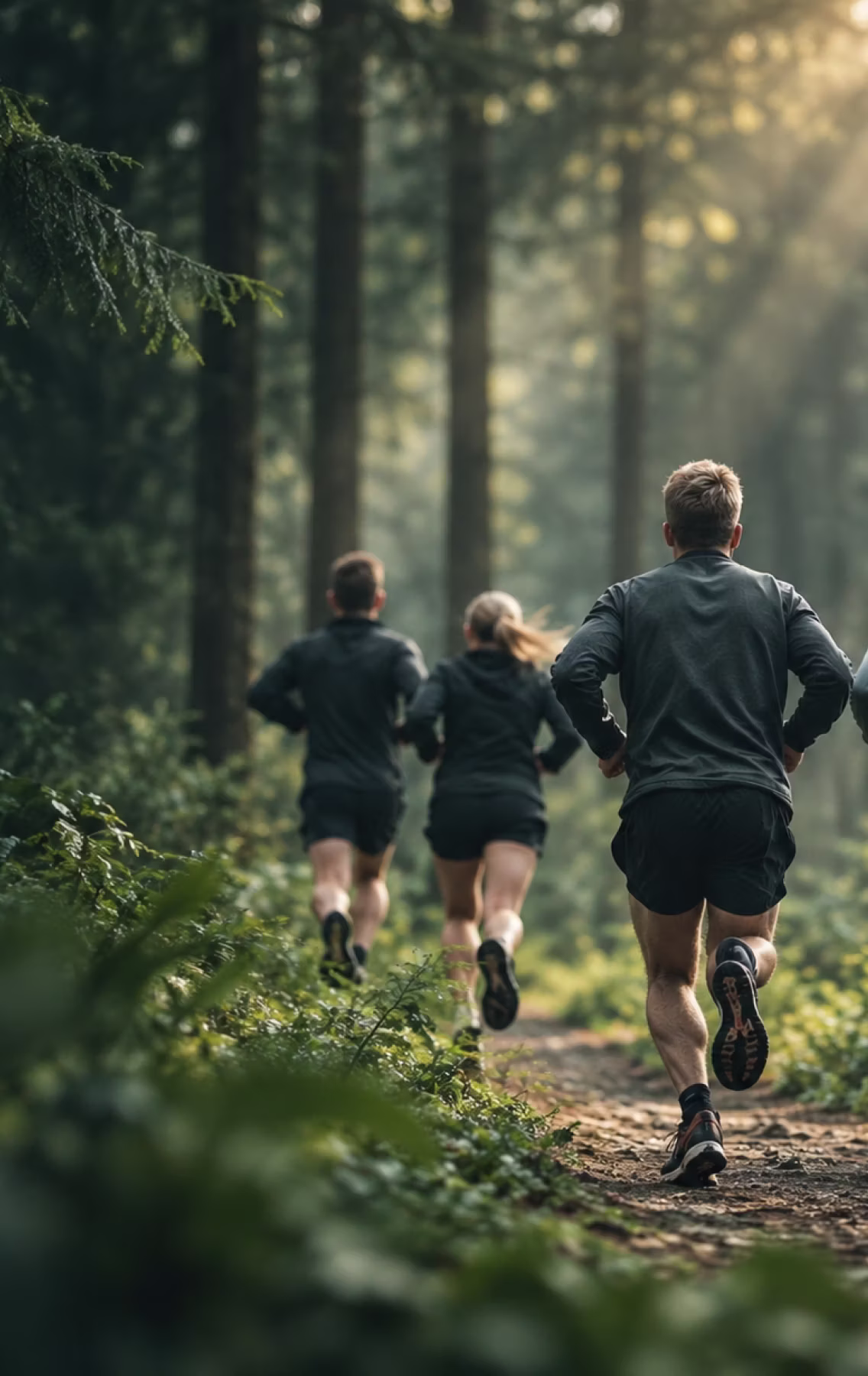 A group of people jogging on a forest trail surrounded by tall trees and green foliage with sunlight filtering through the branches.