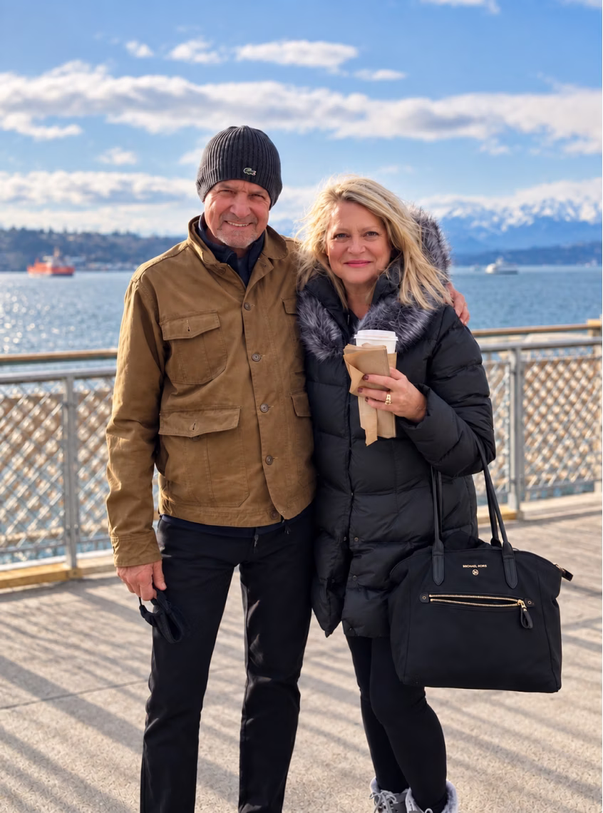 Smiling older couple standing arm in arm on a waterfront promenade with a scenic view of water, ships, and snowy mountains in the background; the man wears a brown jacket and black beanie, and the woman wears a black fur-trimmed winter coat, holding a coffee cup and a black handbag.