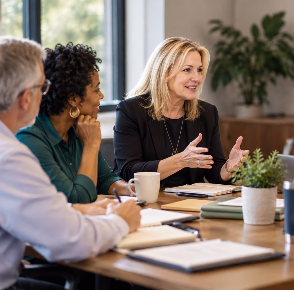 Three diverse professionals having a discussion around a conference table with notebooks, a coffee mug, and a potted plant during a meeting.