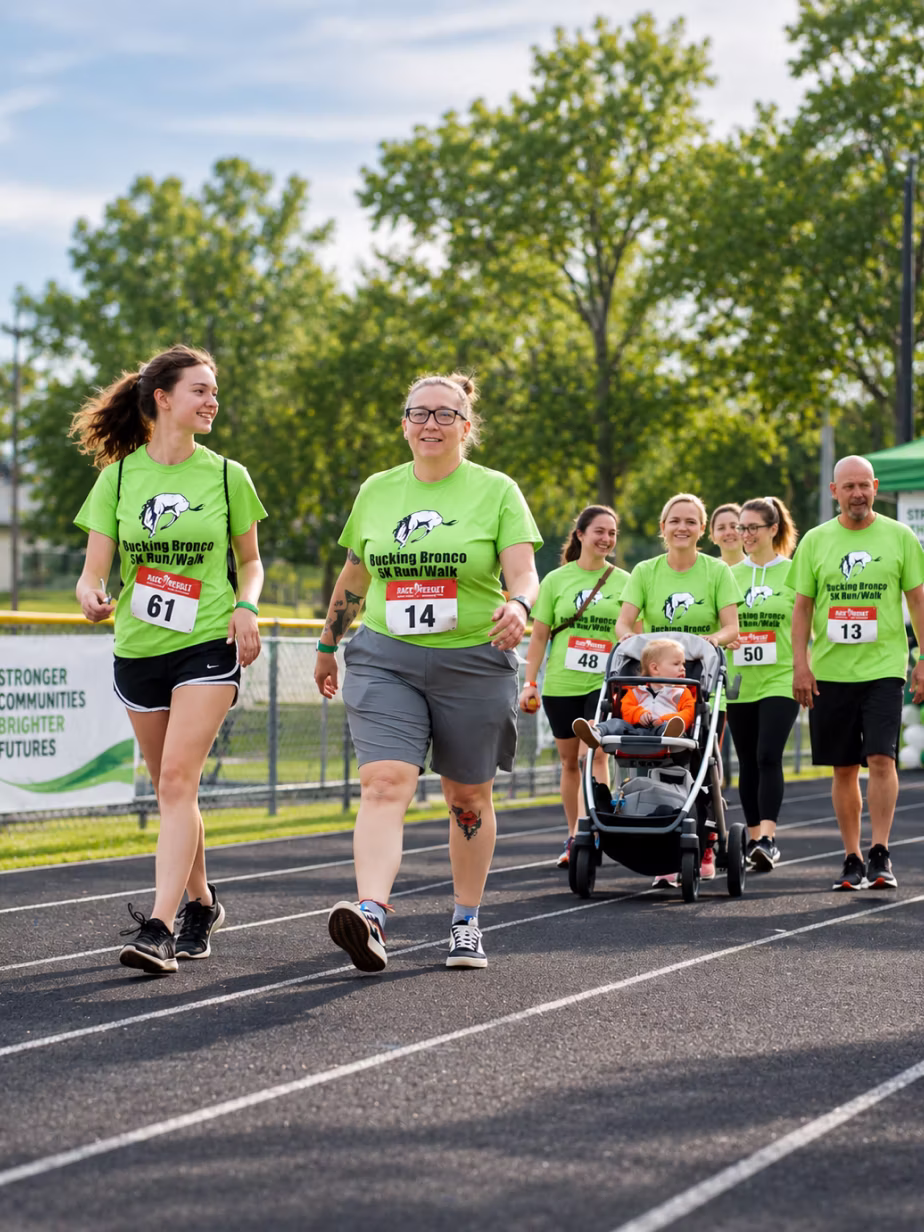 Group of seven people walking on a track at a Bucking Bronco 5K Run/Walk event, all wearing matching green event T-shirts and numbered race bibs; one person pushes a stroller with a child inside.