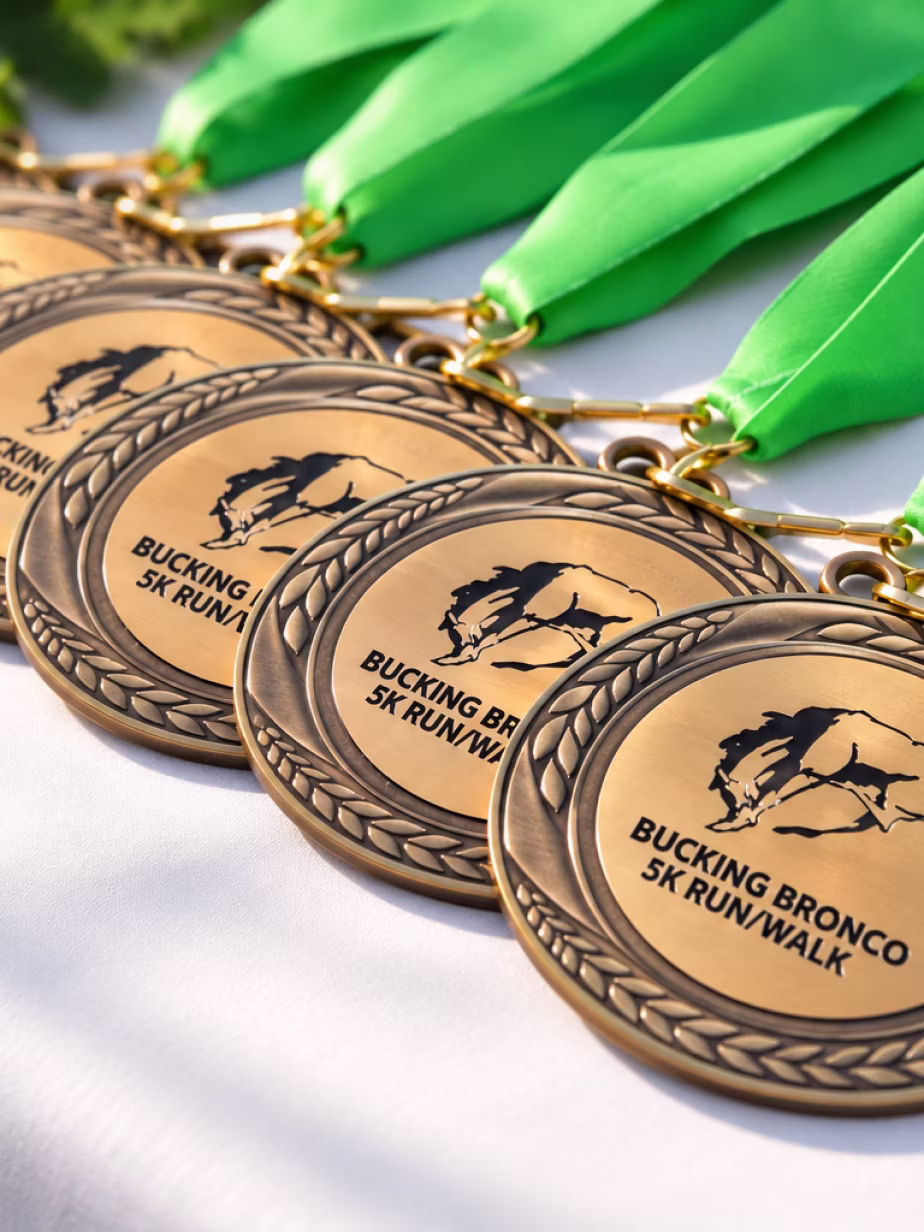 Close-up of multiple bronze medals with green ribbons, engraved with a bucking bronco and the text 'BUCKING BRONCO 5K RUN/WALK,' arranged in a row on a white surface.