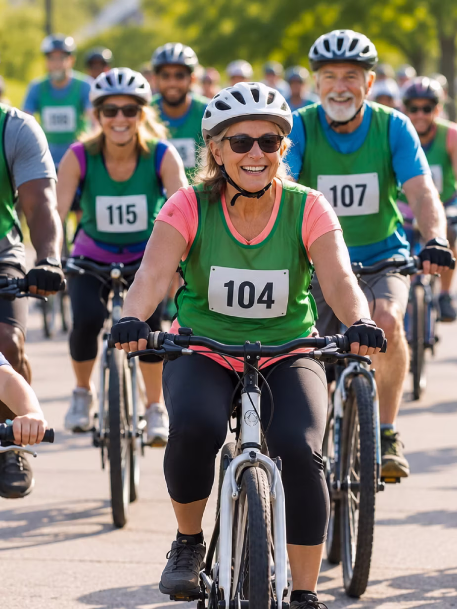 Smiling middle-aged woman wearing a white helmet, sunglasses, and a green race bib numbered 104 rides a bike in a cycling event with other cyclists wearing green bibs, including a smiling older man behind her with bib number 107.