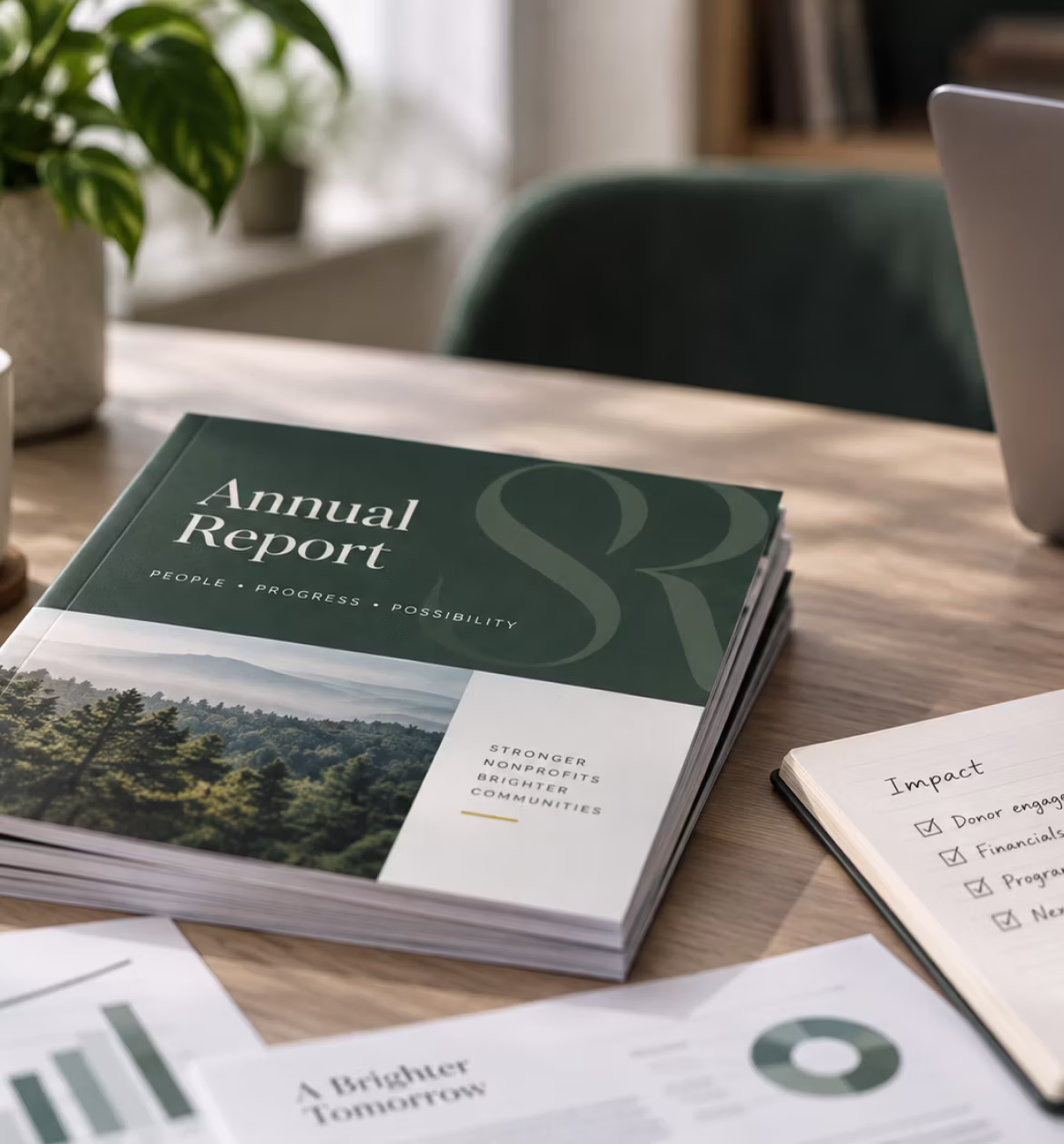 Stack of green annual reports on a wooden desk, titled 'Annual Report: People, Progress, Possibility' with a photo of a forest and subtitle 'Stronger Nonprofits Brighter Communities', alongside a notebook with checkmarked impact points and a laptop.